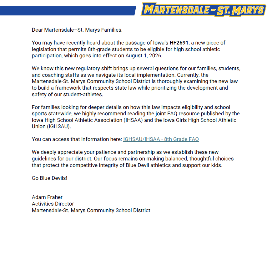 Iowa’s New 8th-Grade Athletic Eligibility Law (HF2591)